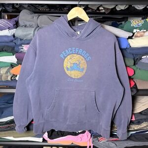 vintage Peace Frogs State Champs Graphic Hoodie Pullover Sweatshirt Mens Medium